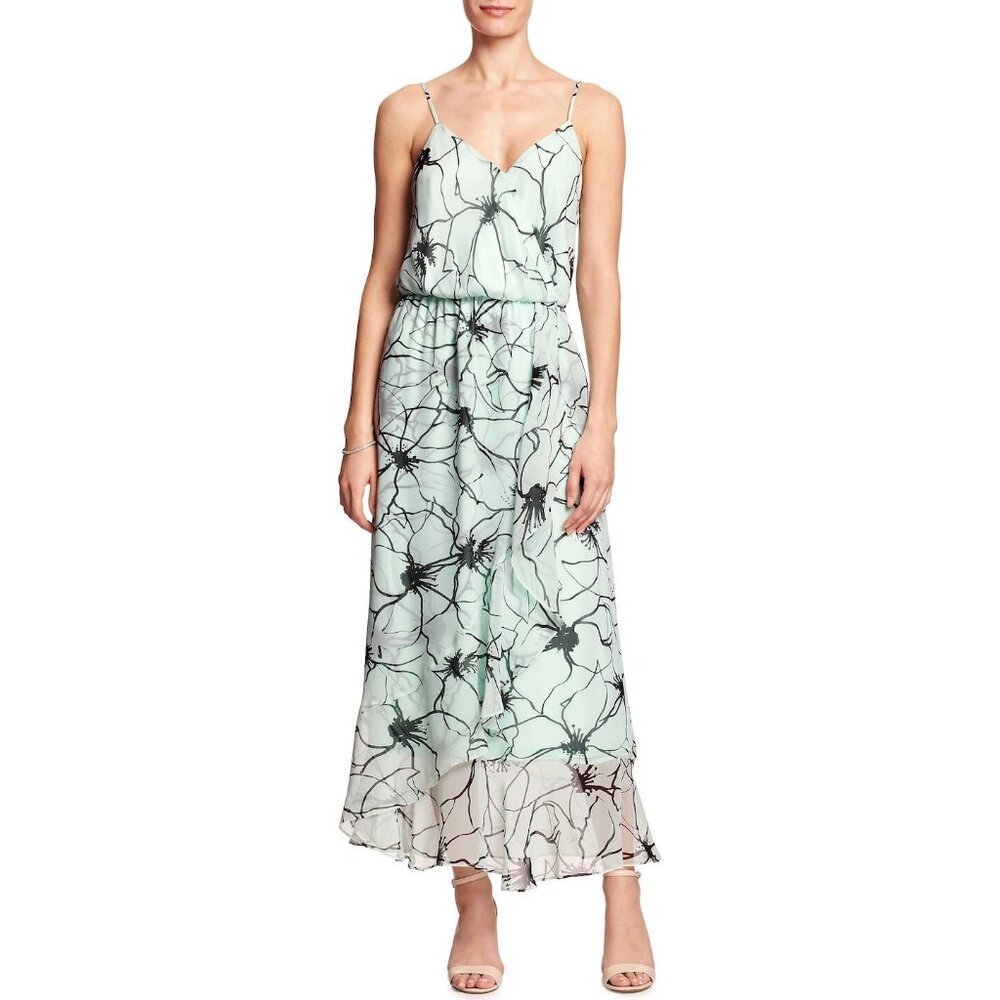Banana Republic Ruffled Tiered Floral Dress 6 Petite Strappy Sheer Maxi